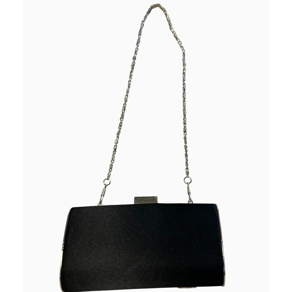 Lulu Townsend Black Silver Rhinestone Satin Evening Clutch Purse Chain Strap